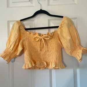 Faithfull The Brand soft Orange Marie Smocked Linen Top Women's Size 4 butter